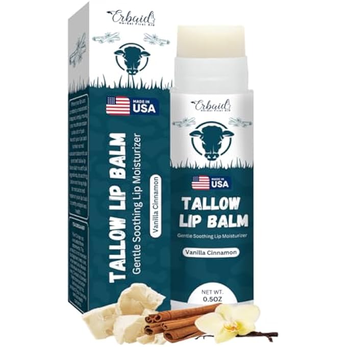 Erbaid BEEF TALLOW LIP BALM  NATURAL TALLOW BEESWAX CHAPSTICK  HYDRATING MOISTURIZER GRASS FED BISON TALLOW BALM LIP CARE  SOOTHES CHAPPED, DRY LIPS, SENSITIVE SKIN  LONG LASTING & VITAMIN RICH USA-MADE - Image 1